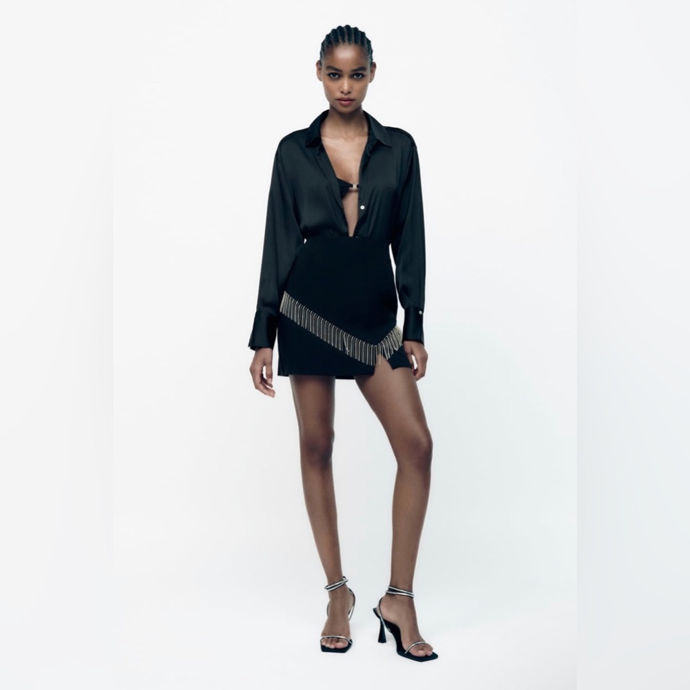 ZARA WOMAN NWT BLACK RHINESTONE FRINGED MINI SKIRT MEDIUM. - Picture 2 of 6